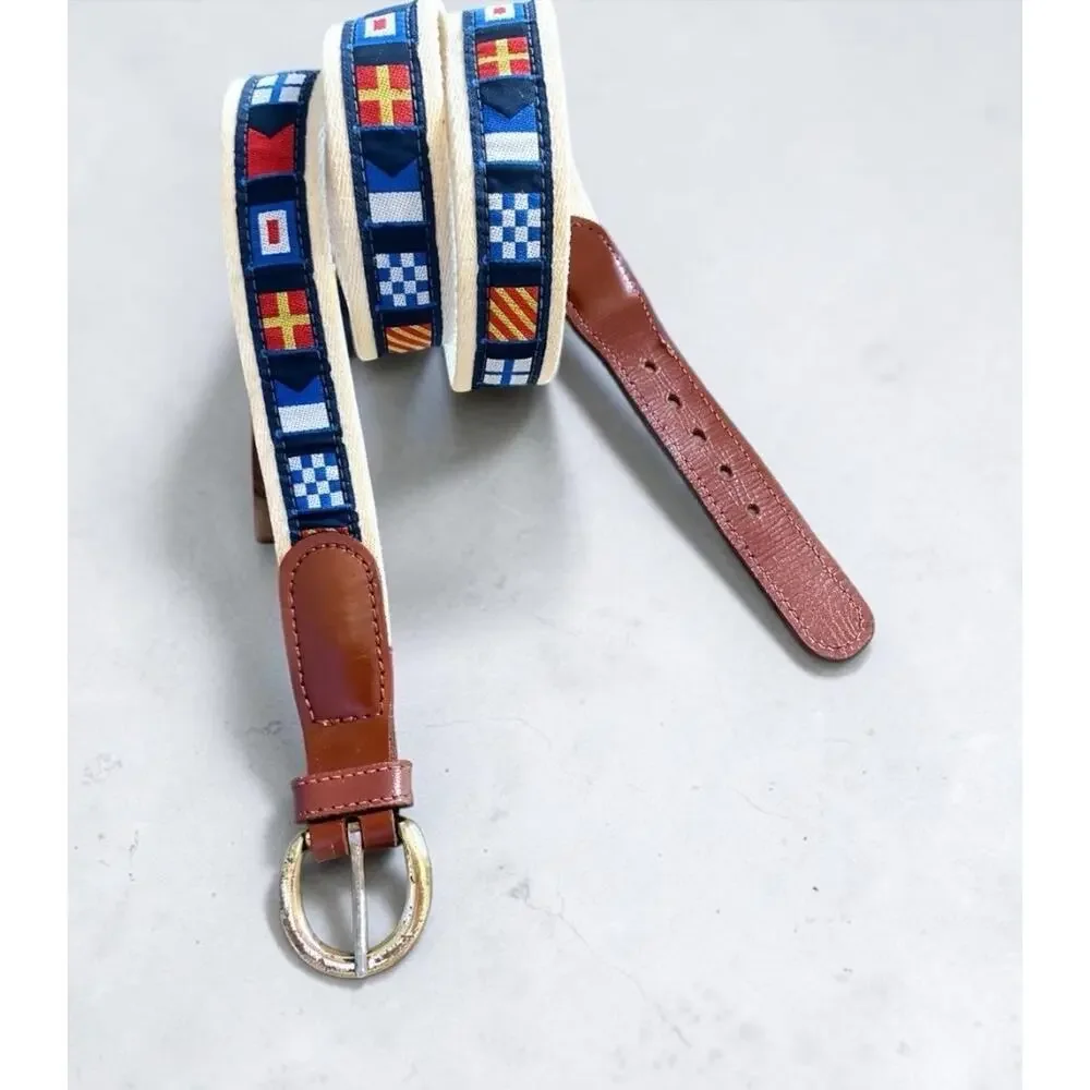 Vtg YRI Nautical Code Flag Canvas Leather Belt Brass Buckle Men 44 Maritime USA